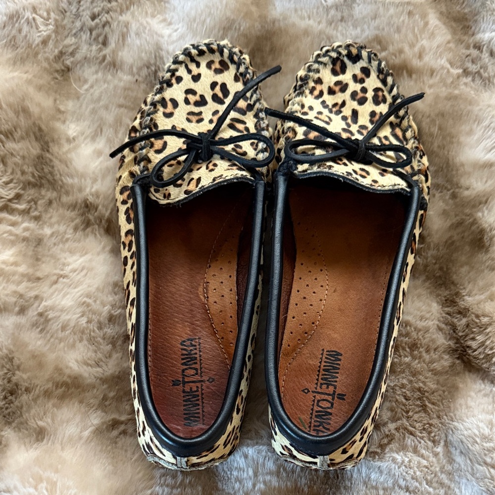 Minnetonka Animal Print Moccasins with Black Accents